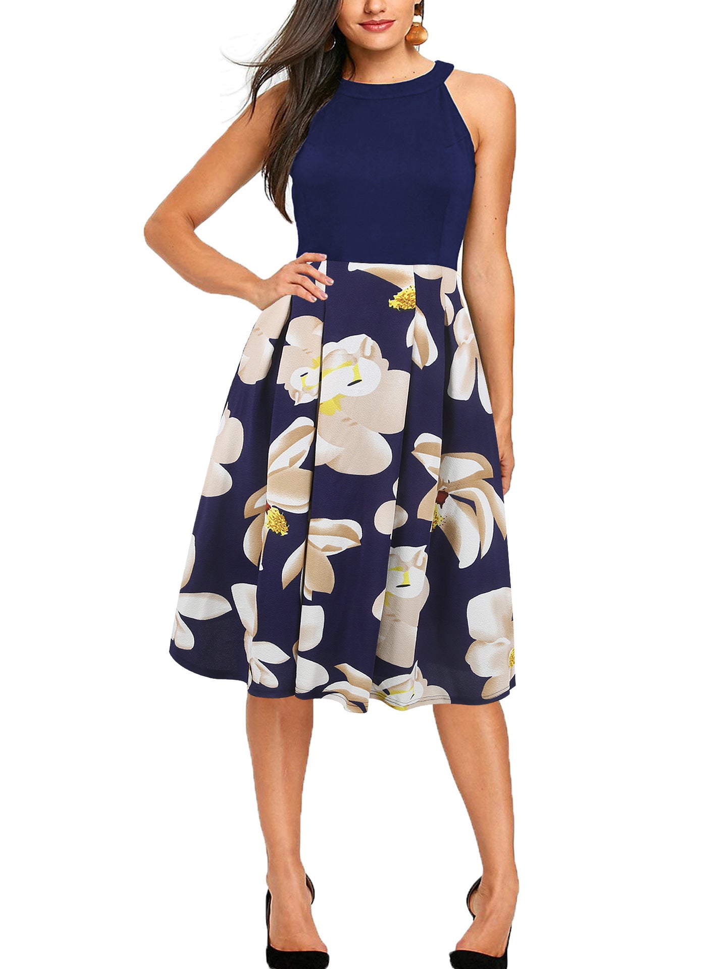 Contrast Floral Skirt Yoke Dress - Theone Apparel