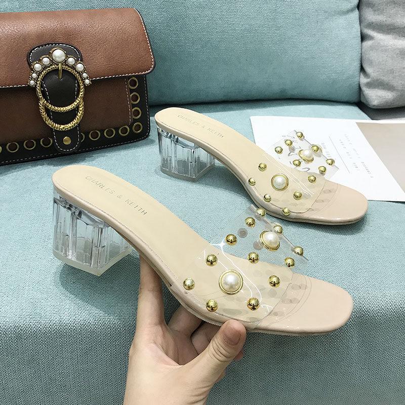 Pearl Stud Clear Heel Slippers