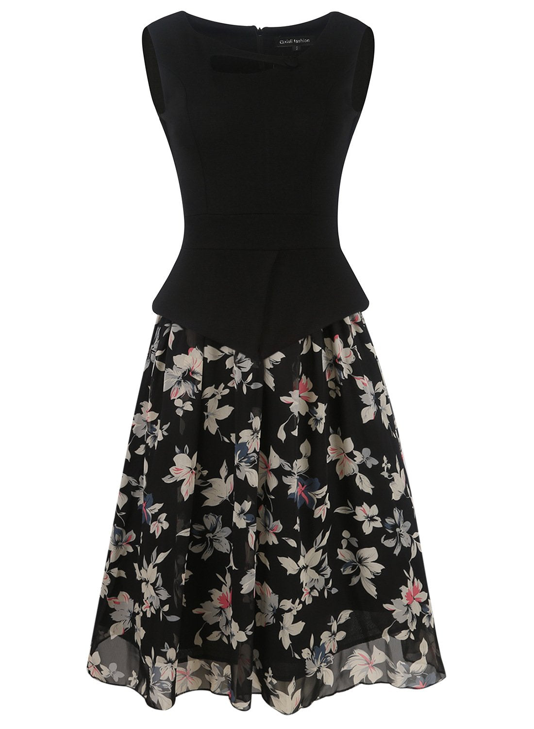 Floral Contrast Peplum Sleeveless Dress