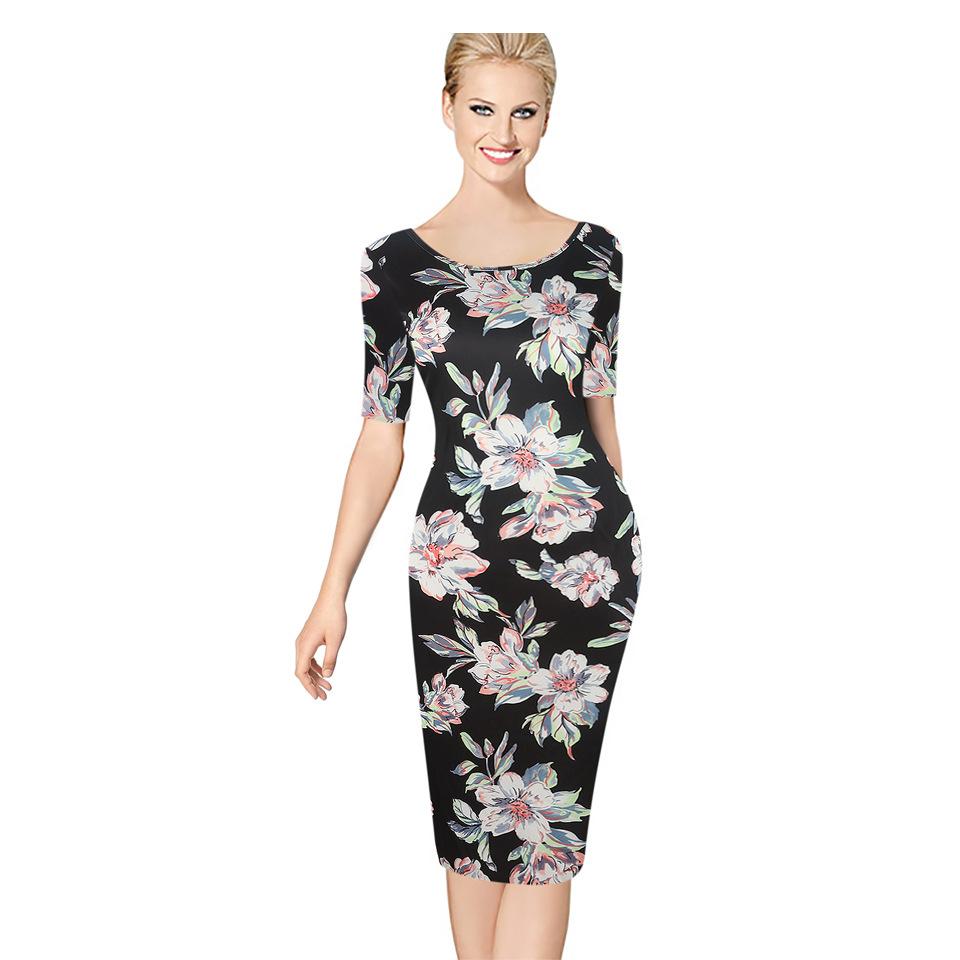 Patterned Deep Scoop Neck Sheath Dress