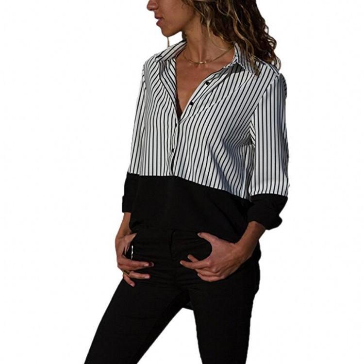 Stripe bloccata blusa con bottone con colletto bloccato