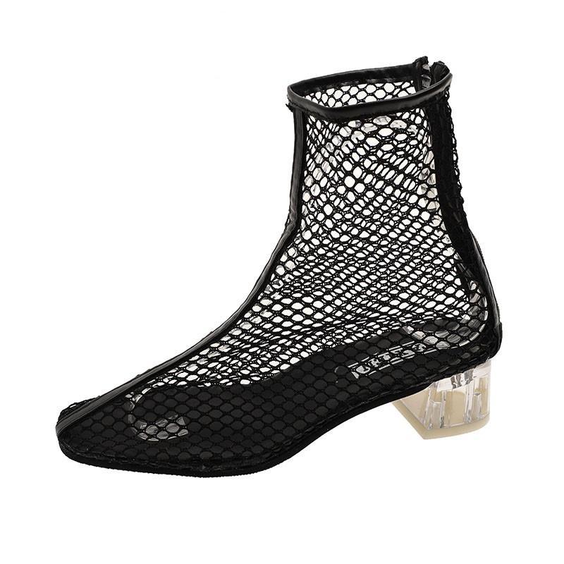 Clear Heel Fishnet Statement Booties - Theone Apparel