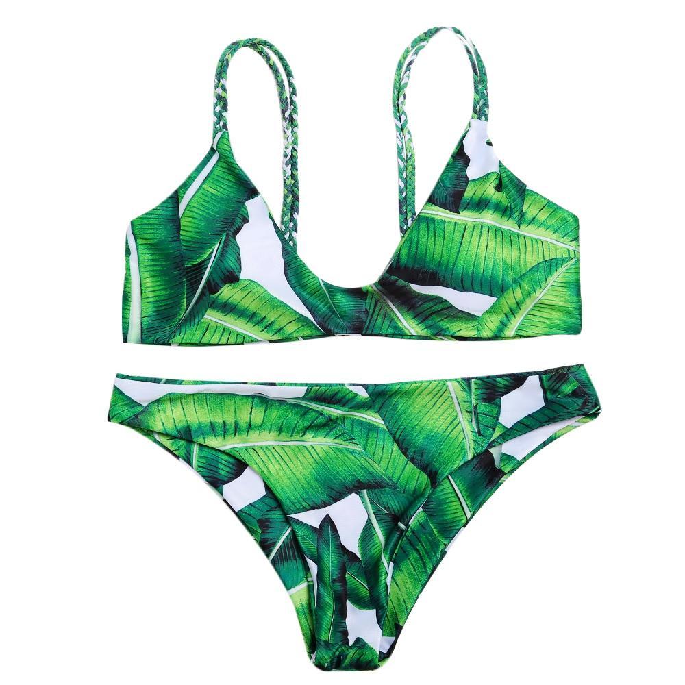 Blatt-Print-Spaghettiträger-Bikini