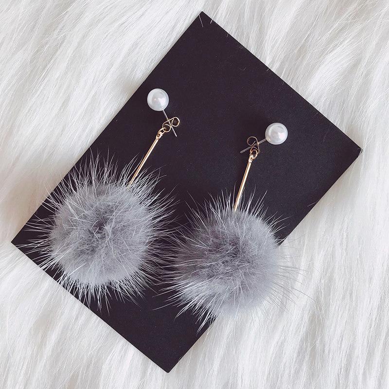 Fancy Fuzz Ball Drop Earrings-Gray-Theone Apparel