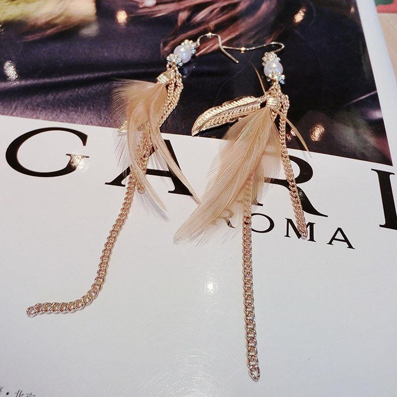 Feather Pendant Chain Tassel Earrings-Yellow-Theone Apparel