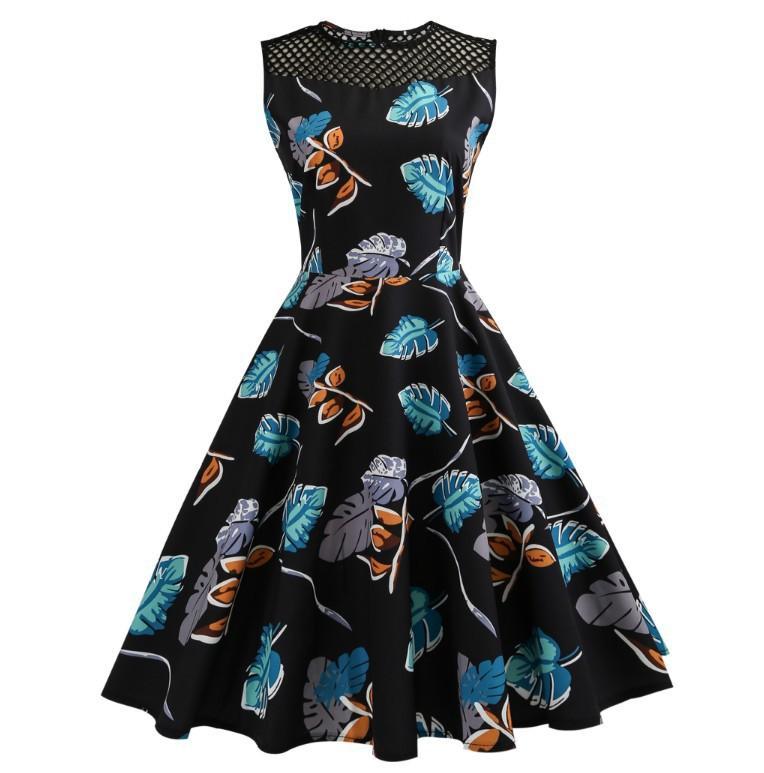 Fishnet Cutout Floral Print Dress-Black/Aqua-Theone Apparel