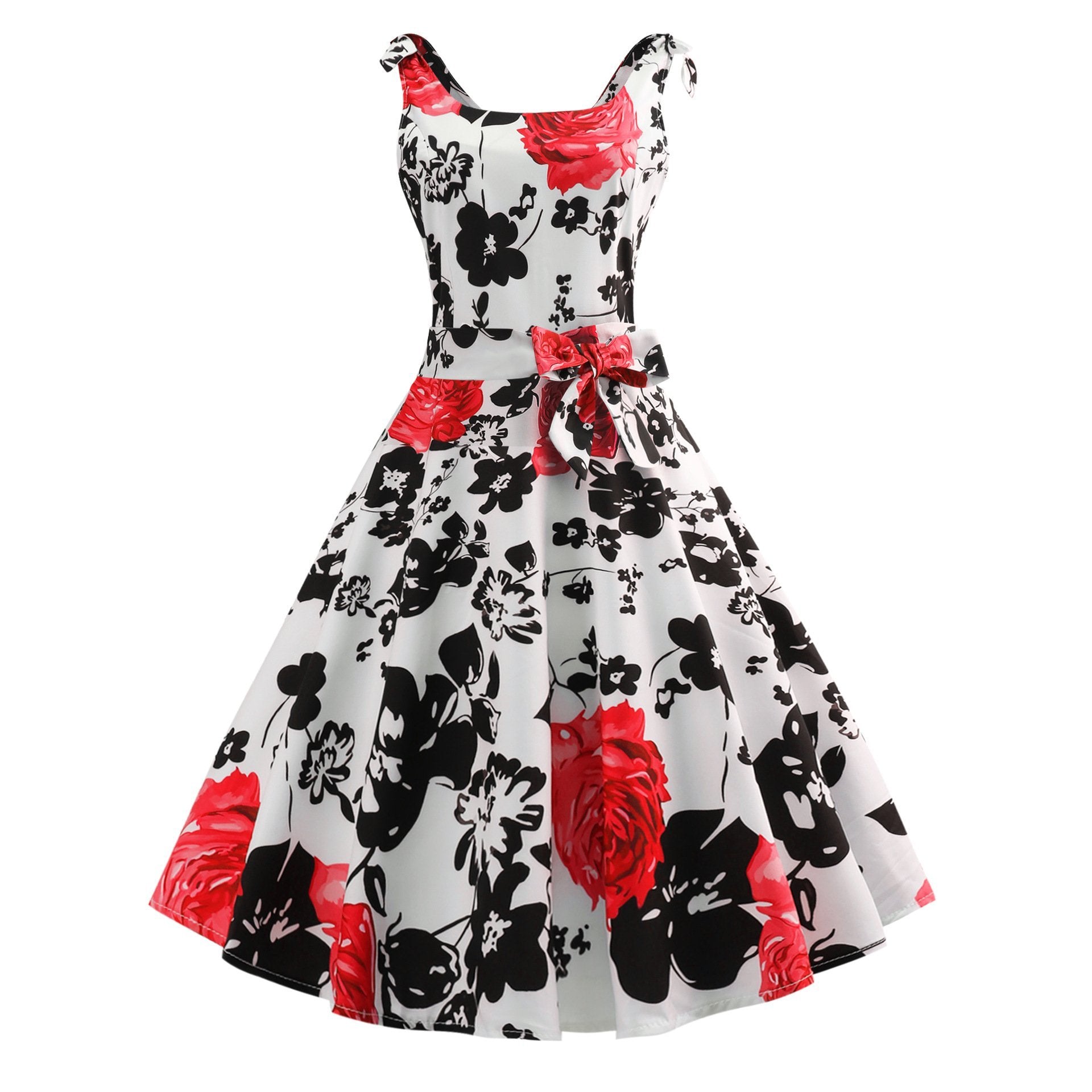 Flower Print Waist Tie Dress-White/Red-Theone Apparel