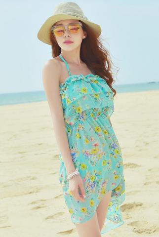 Flower patterned swimwear bikini and cover-Baby Blue-Theone Apparel