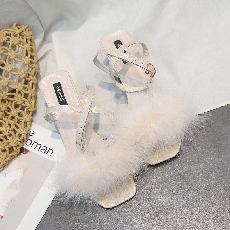Fluffy Fur Strap Kitten Heel Sandals-Beige-Theone Apparel