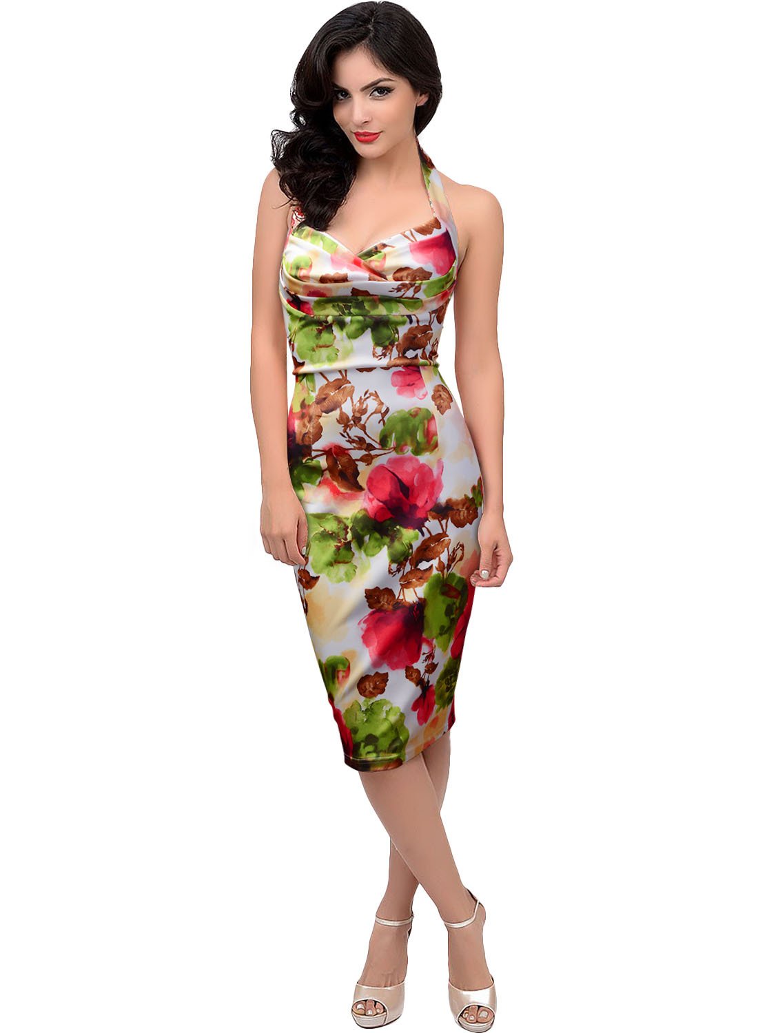 Vestido halter con corpiño plisado floral