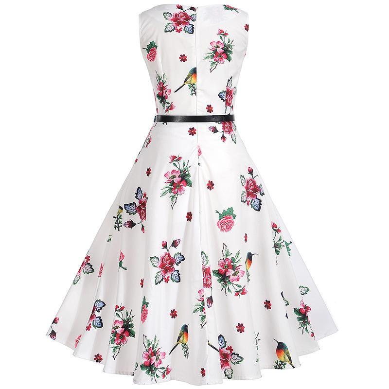 Hummingbird Floral Print A Line Dress - Theone Apparel