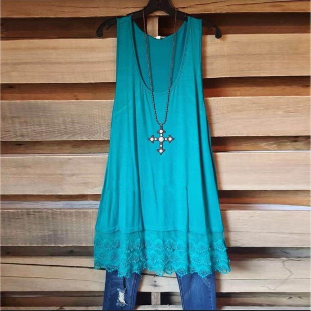 Lace Hem Loose Fit Tank Top-Light Blue-Theone Apparel