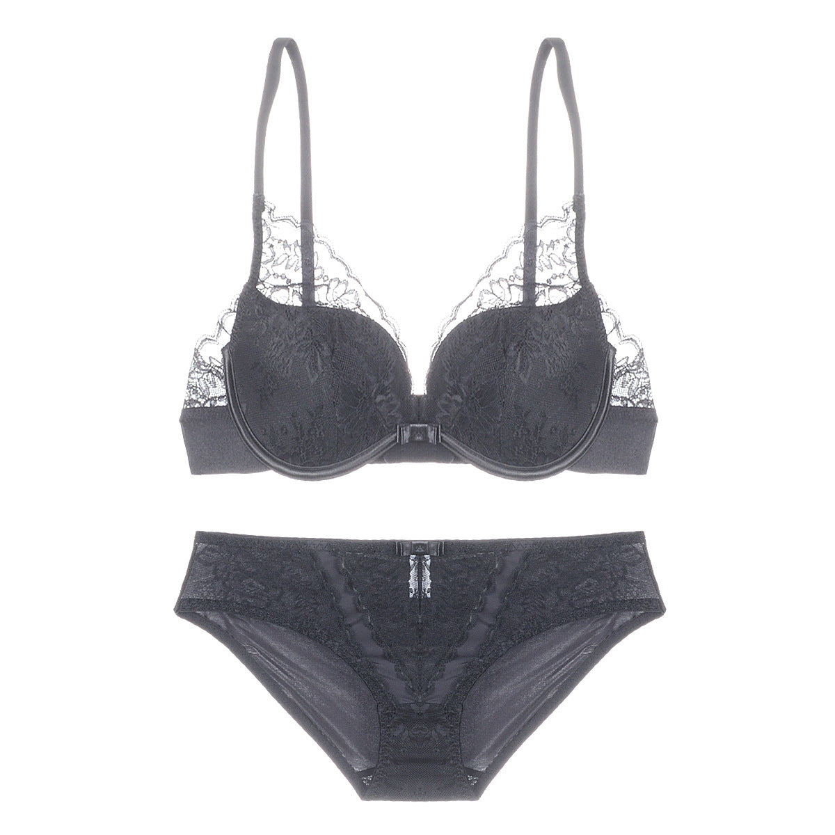 Lace Overlay Bra and Panty Set-Black-Theone Apparel