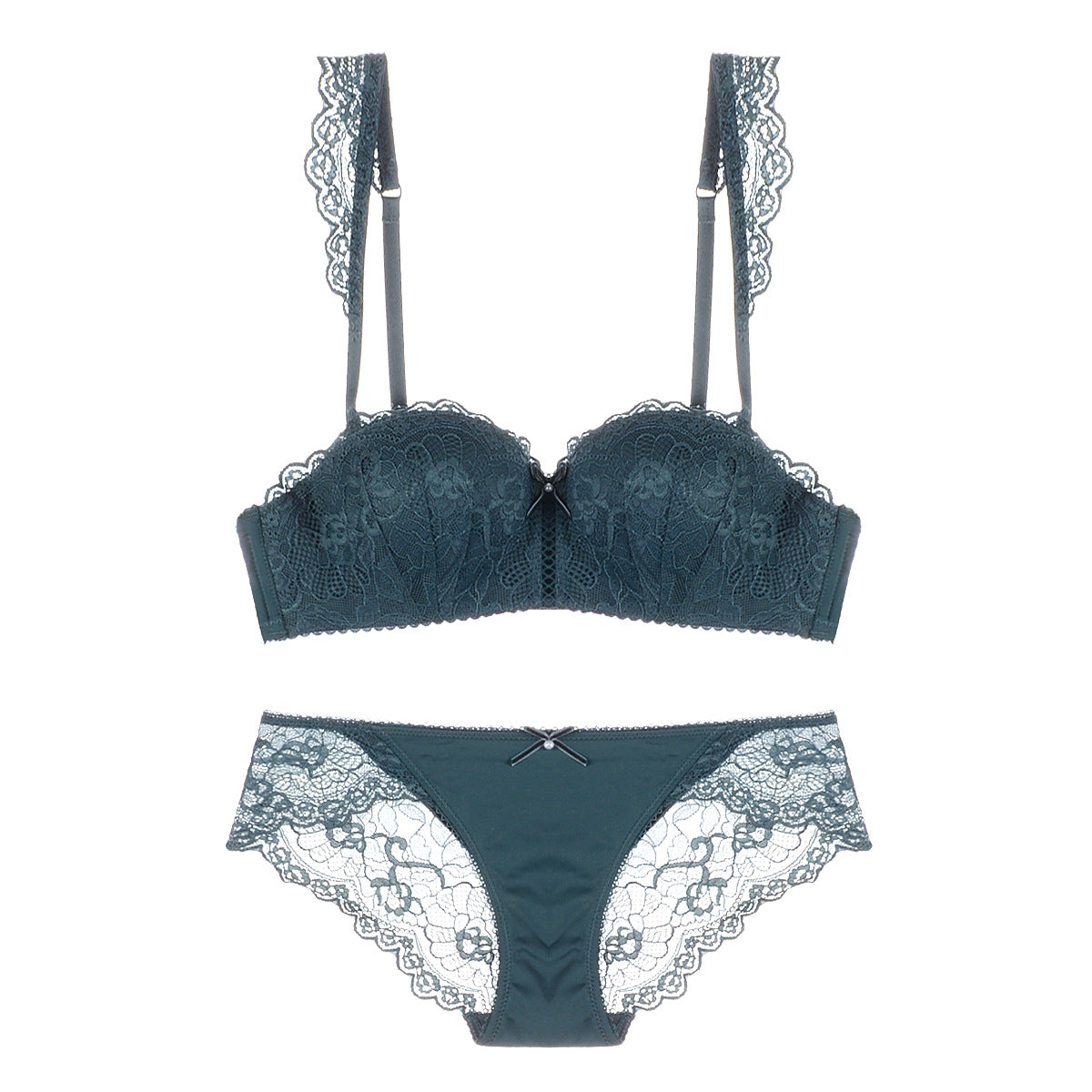 Lace Strap Balconette Bra and Panty Set-Dark Green-Theone Apparel