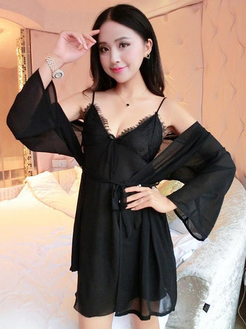 Lace-Trimmed Babydoll with Sheer Robe - Theone Apparel