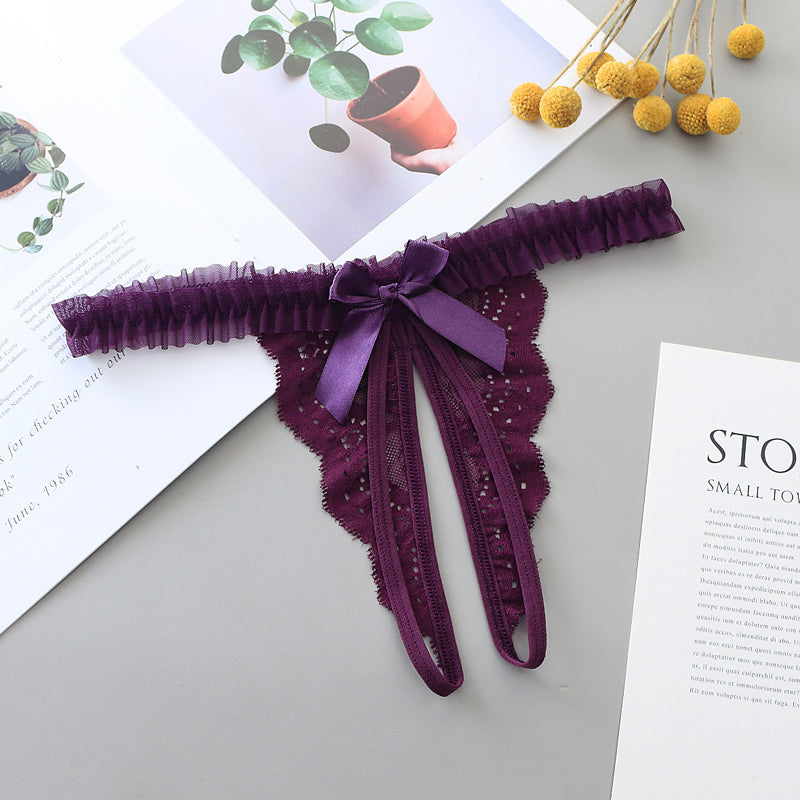 Lace and Bow Butterfly Style Cutout Thong-Purple-Theone Apparel