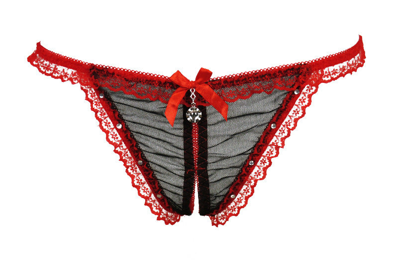 Lace and Mesh Cutout Front Jeweled Thongs-Red-Theone Apparel