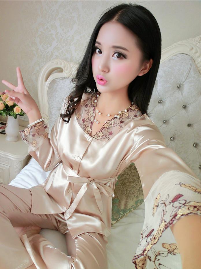 Lace and Satin Pajamas Robe Set-Light Brown-Theone Apparel