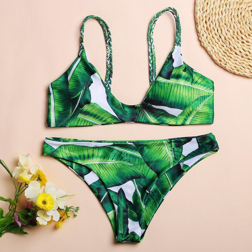 Leaf Print Spaghetti Strap Bikini