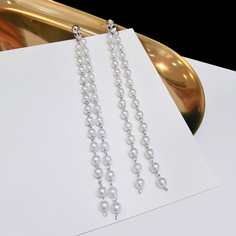 Long Mini Pearl Dangler Earrings-Silver-Theone Apparel