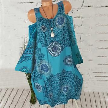 Medallion Print Cold Shoulder Dress-Light Blue-Theone Apparel