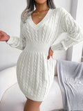 Pulloverkleid im Strickstil für Damen mit V-Ausschnitt und langen Ärmeln