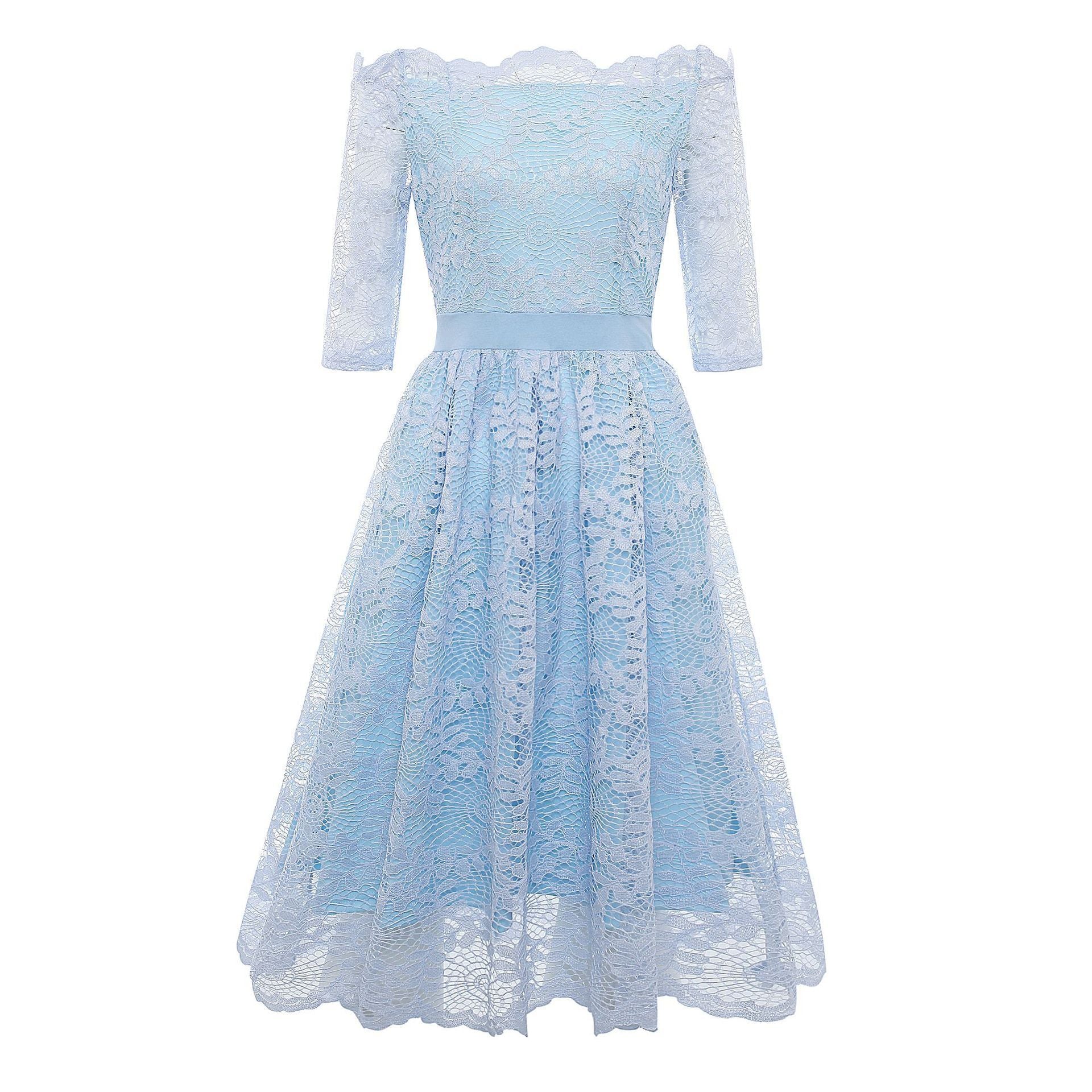 Off Shoulder Lace Hem Dress-Light Blue-Theone Apparel