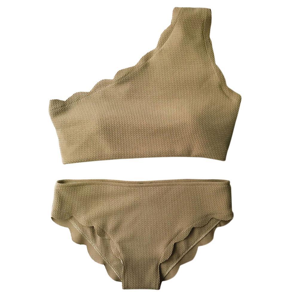 One Shoulder Ladies Scalloped Bikini Set-Light Brown-Theone Apparel