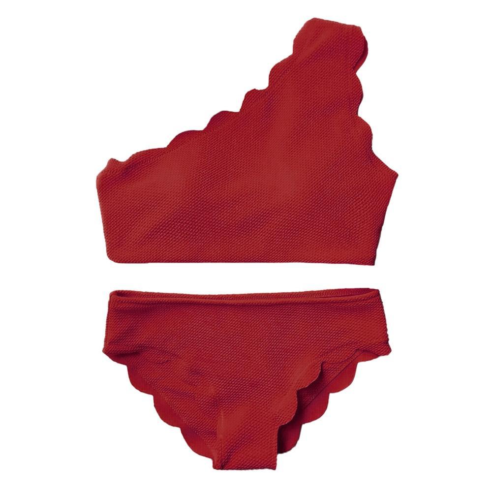 One Shoulder Ladies Scalloped Bikini Set-Red-Theone Apparel