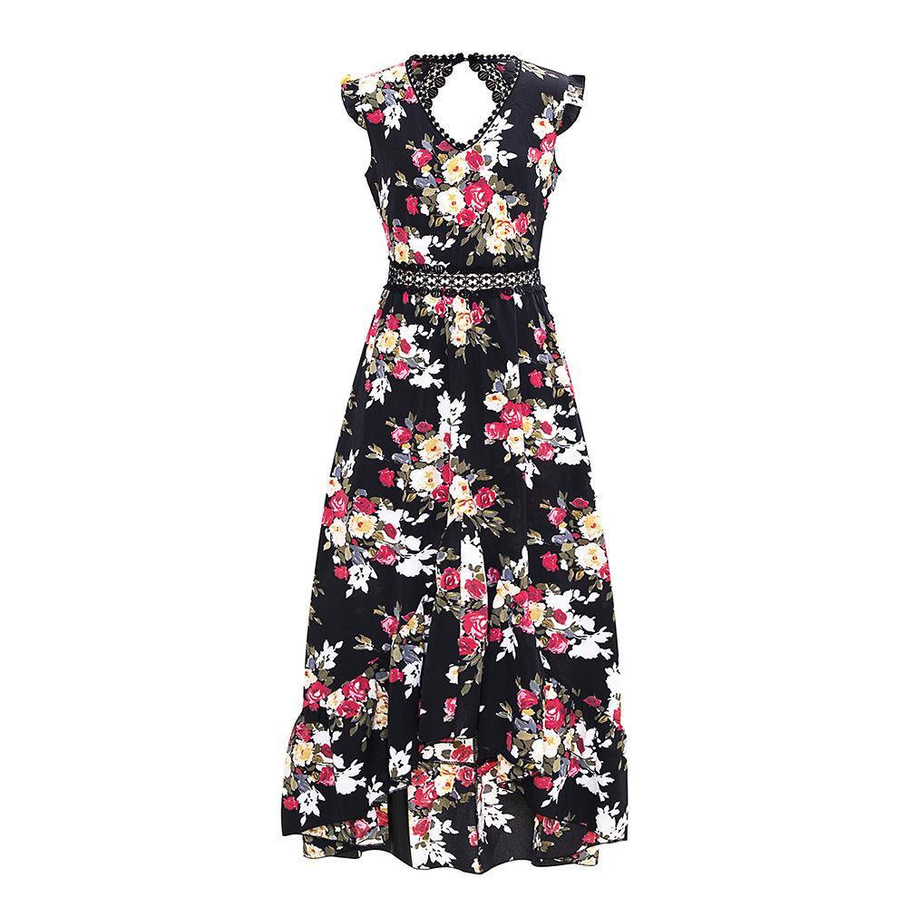 Open Back Bohemian Floral Dress-Black-Theone Apparel