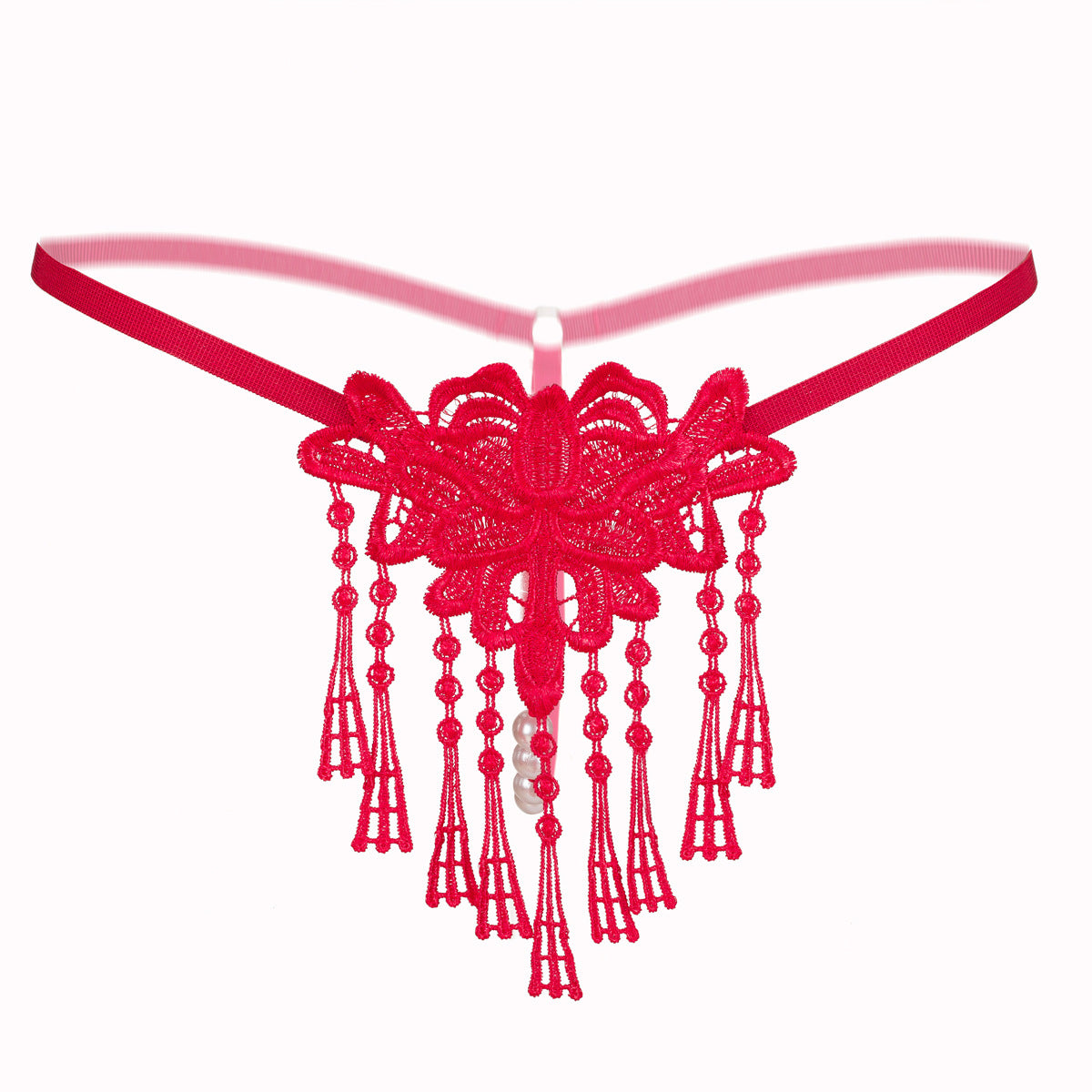 Pearls and Tassels Peekaboo Thong Panty-Red-Theone Apparel