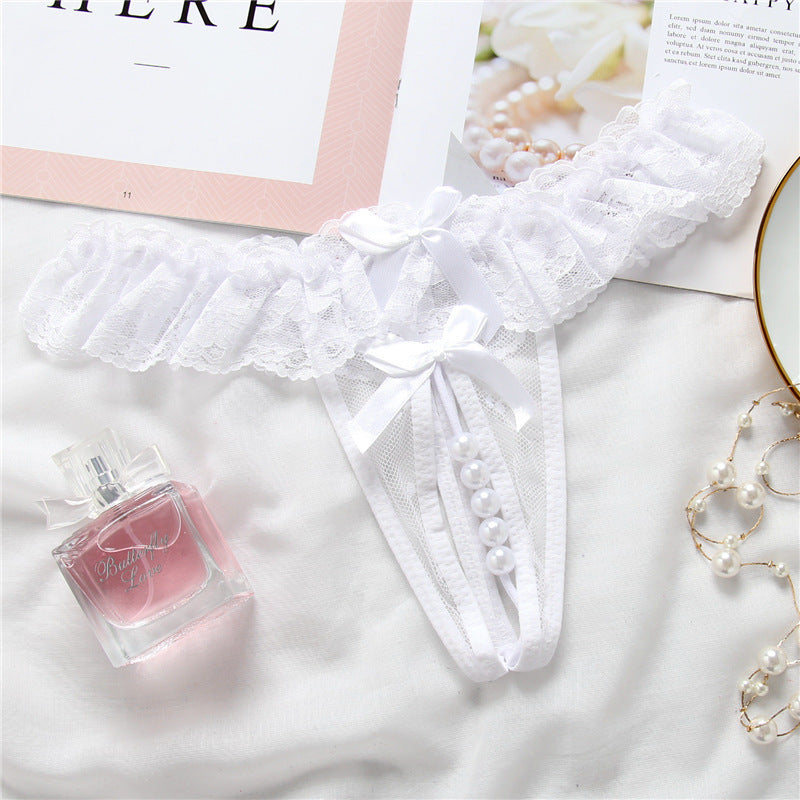Peekaboo Pearl Ruffled Lace G String-White-Theone Apparel