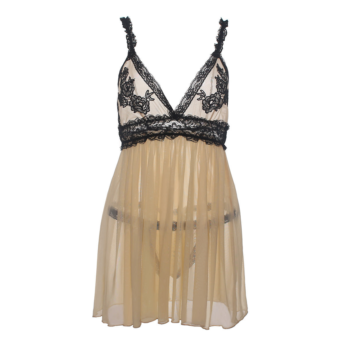 Pleated Lace Applique Babydoll Set