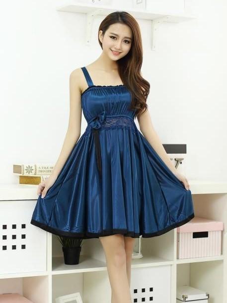 Pleated Mini Dress with Lace-Blue-Theone Apparel