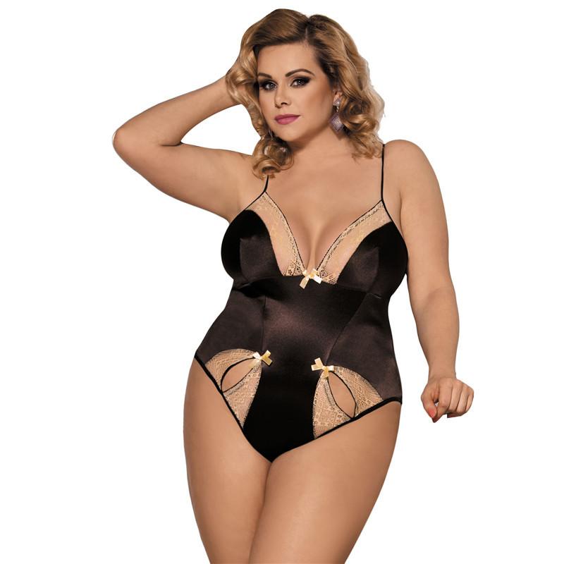 Plus Size Black & Gold Lace Teddy-Black-Theone Apparel