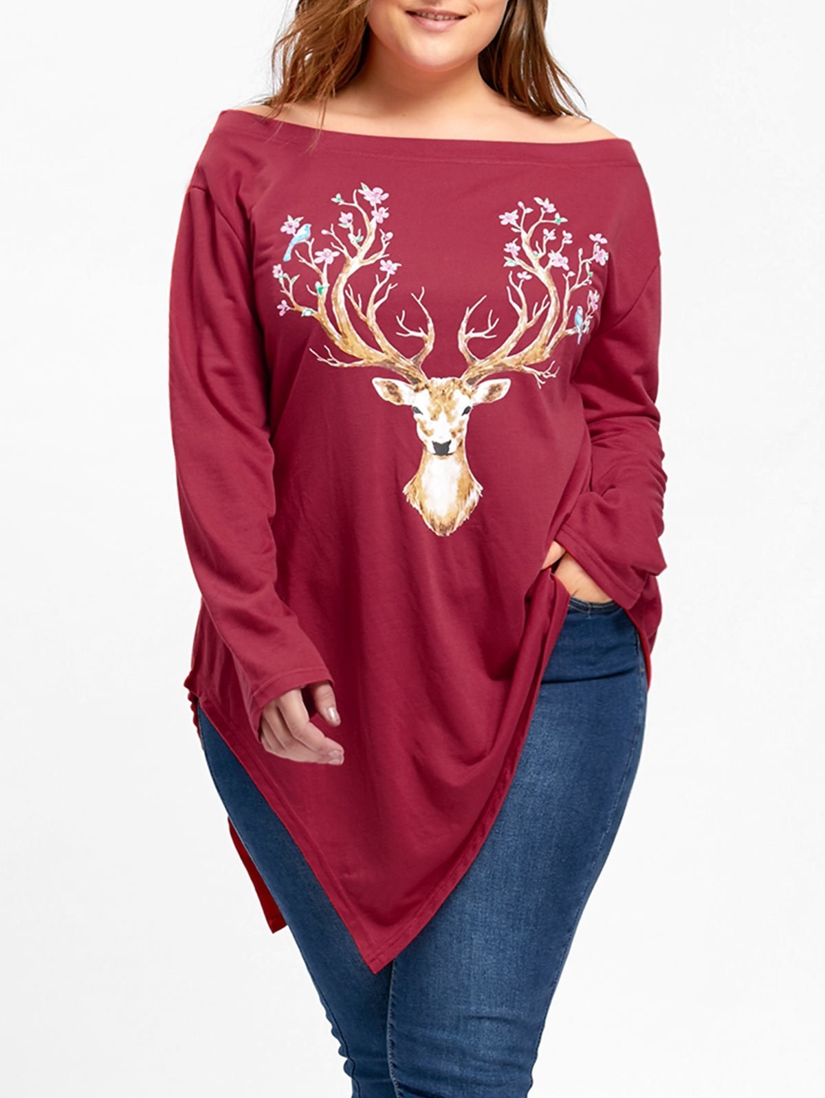 Plus Size Christmas Reindeer Asymmetrical Tee