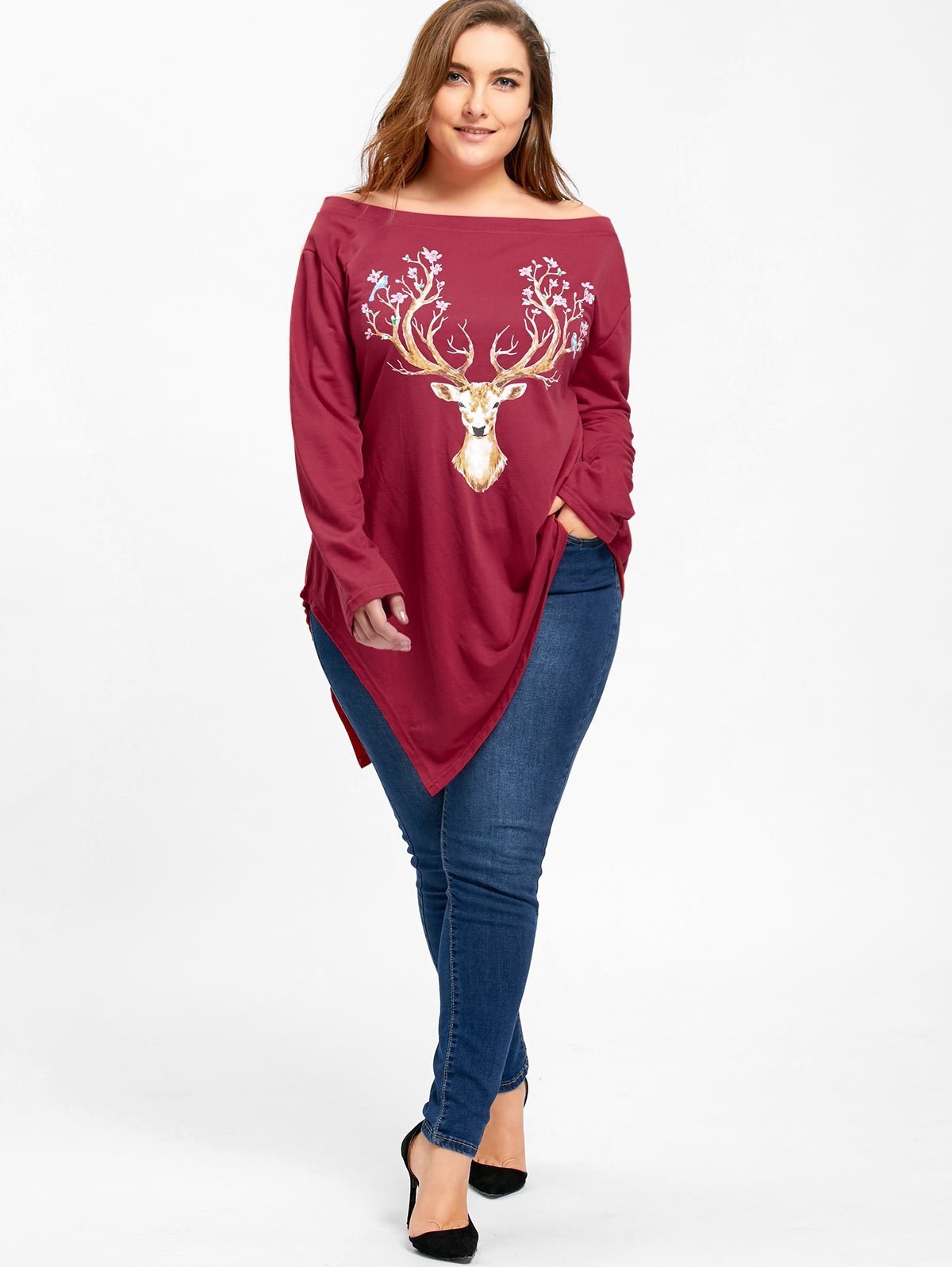 Plus Size Christmas Reindeer Asymmetrical Tee