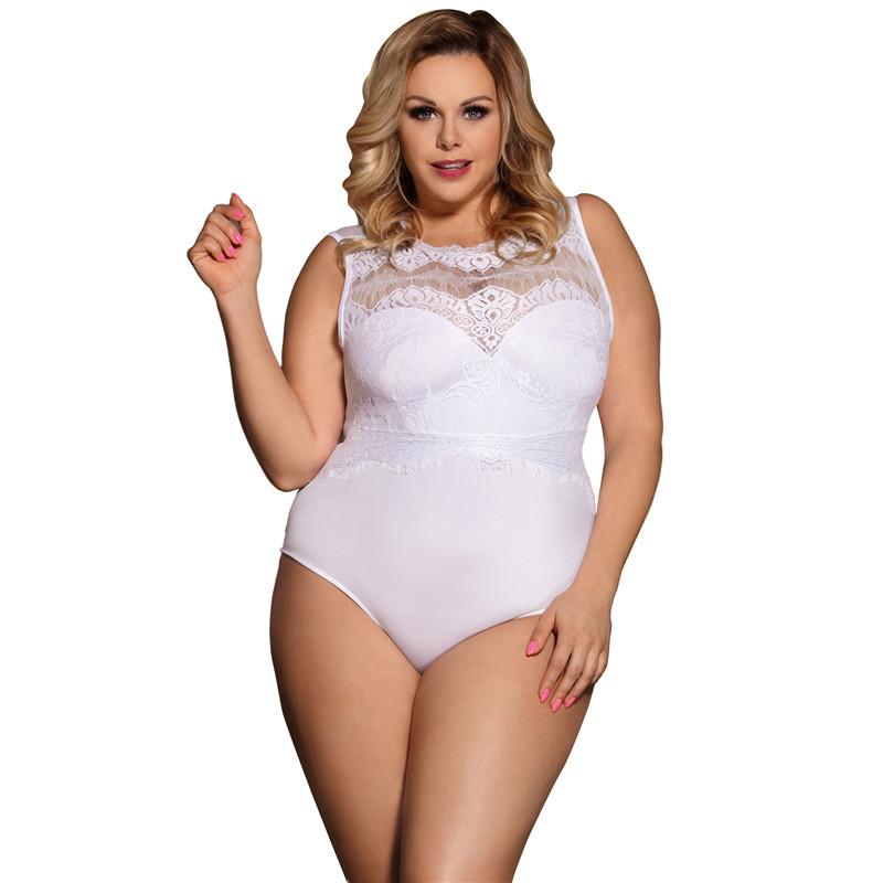 Plus Size Lace Bodice Opaque Sleeveless Romper-White-Theone Apparel