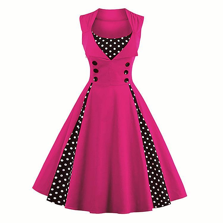 Polka Dot Pleats Retro Flair Dress-Rose Red-Theone Apparel