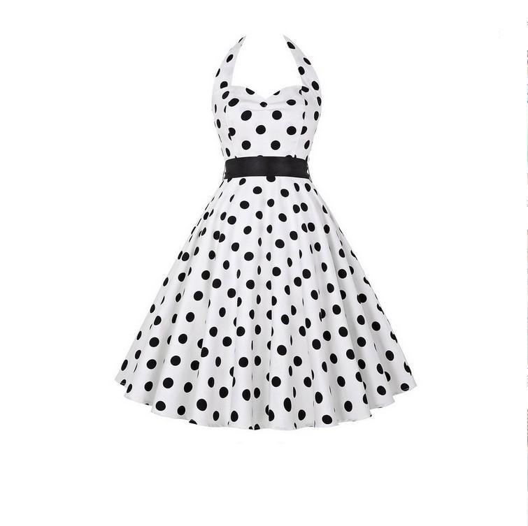 Polka Dot Retro Pleat Dress-White-Theone Apparel