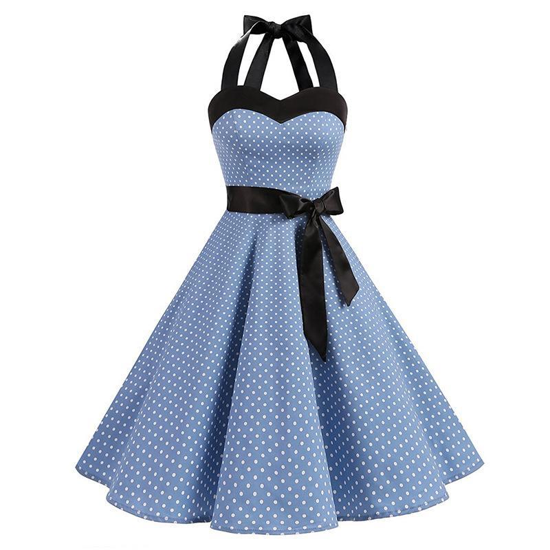 Polka Dotted Waist Tie Dress-Light Blue-Theone Apparel