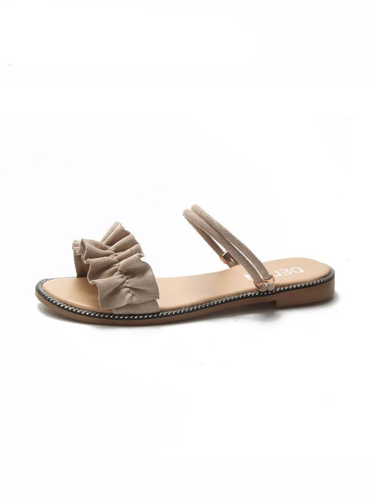 Ruffled Chain Trim Slip On Sandals