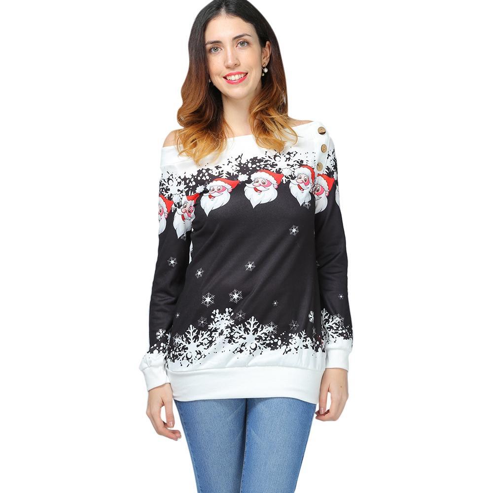 Santa Snowflakes Skew Neck Sweatshirt-Black-Theone Apparel