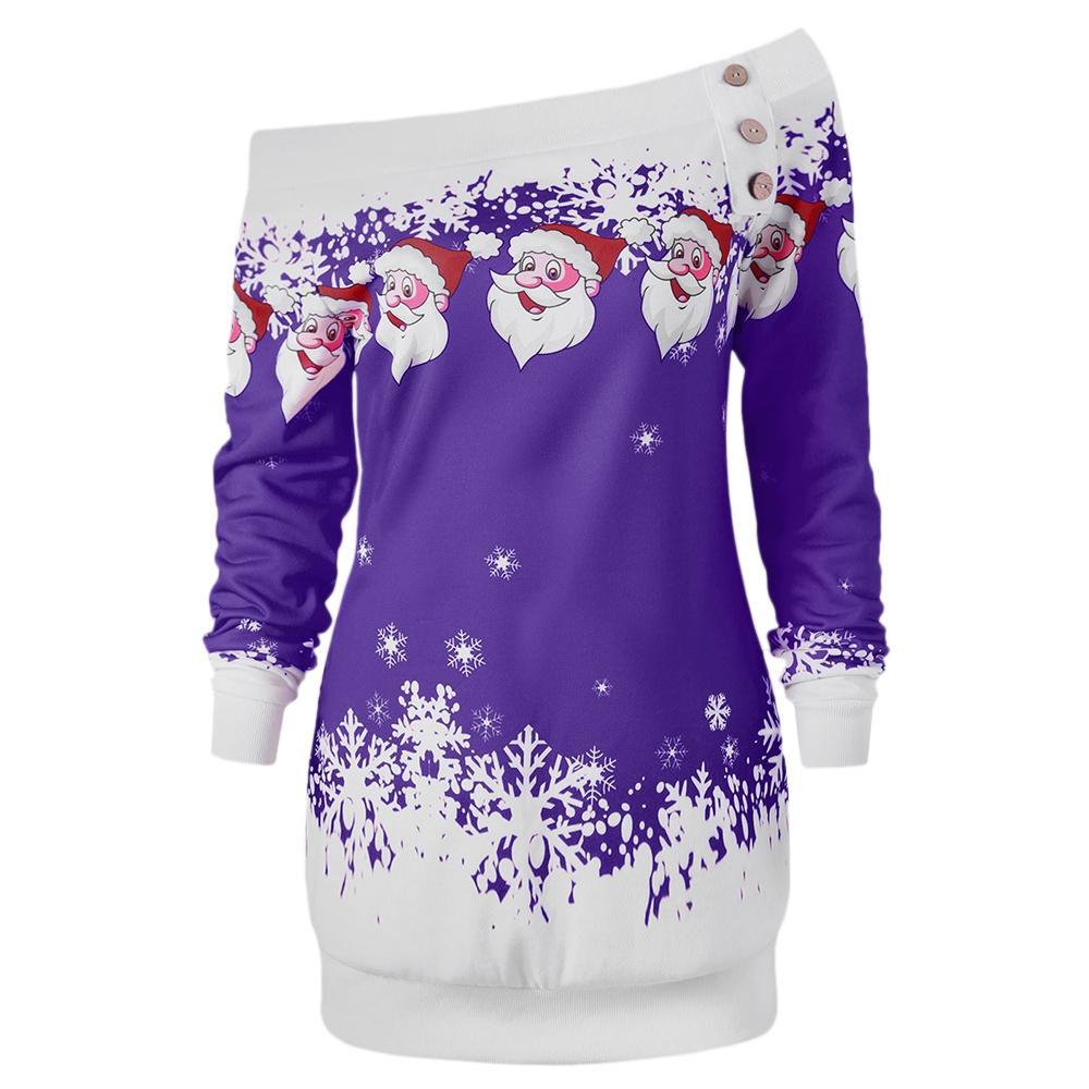 Santa Snowflakes Skew Neck Sweatshirt-Purple-Theone Apparel