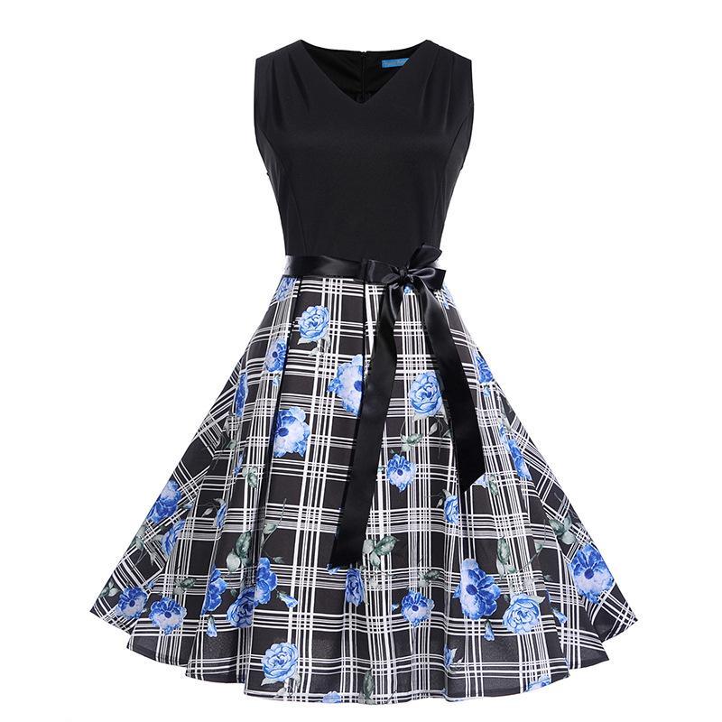 Satin Waist Bow Cocktail Dress-Black/Blue 2-Theone Apparel