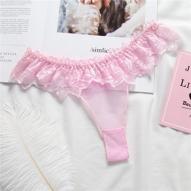 Sheer Lace Ruffle Thong Panty-Pink-Theone Apparel