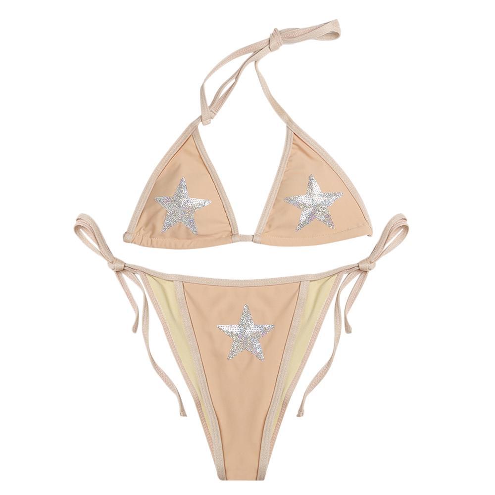 Silver Stars Halter Neck Bikini-Peach-Theone Apparel