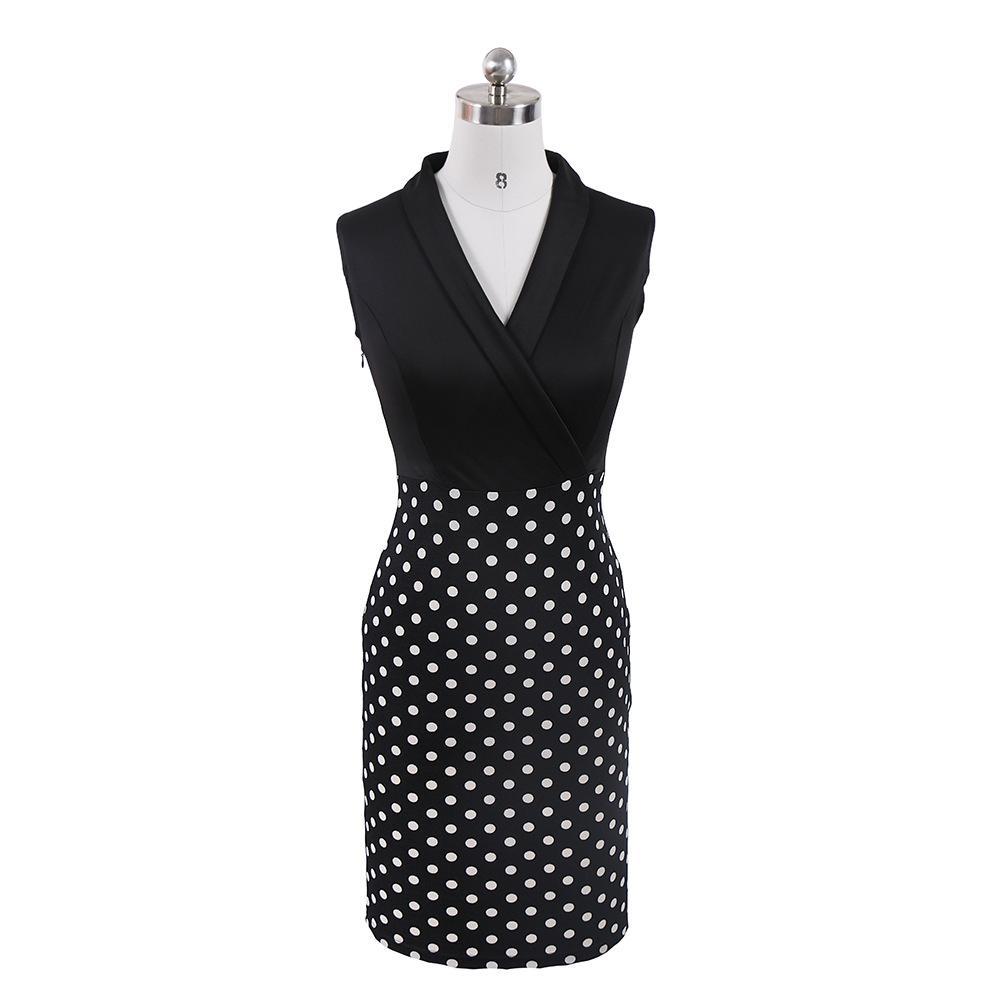 Sleeveless Polka Dot Office Dress-Black-Theone Apparel