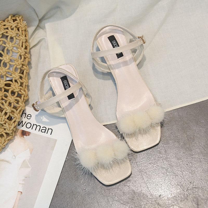 Square Toe Faux Fur Kitten Heels-Beige-Theone Apparel