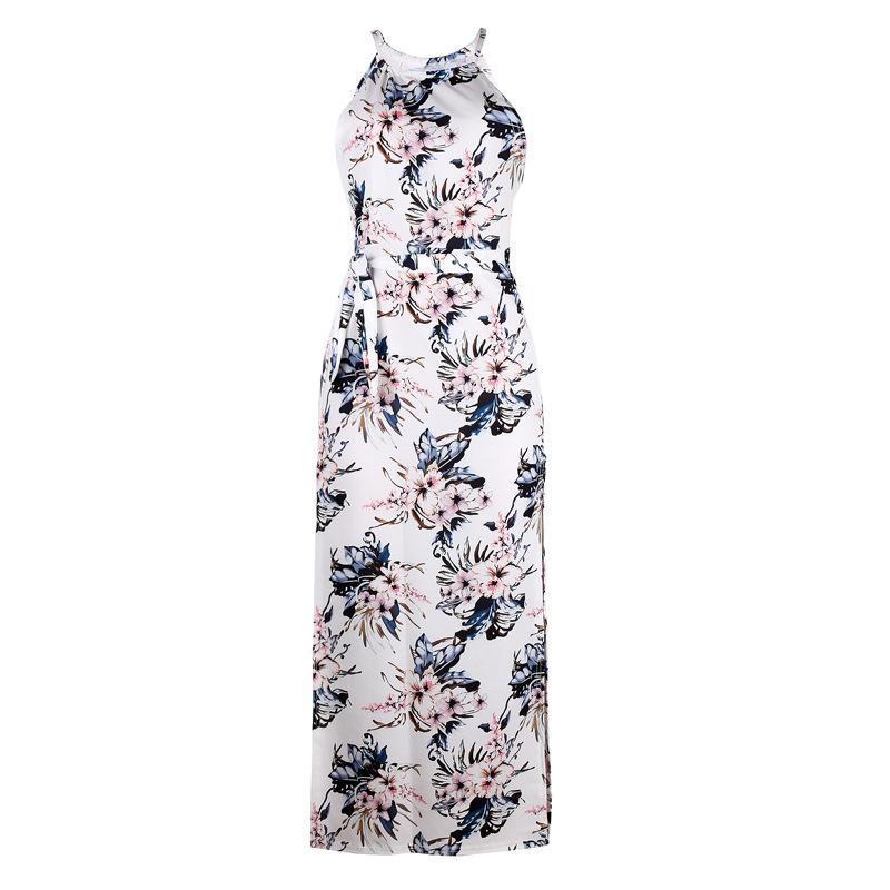 Tropical Garden Halter Top Long Dress-White/Blue-Theone Apparel